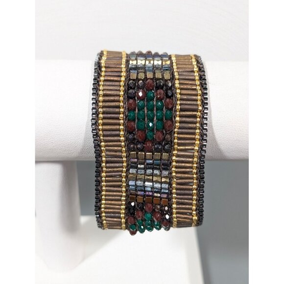 Nakamol Red Green Bead Brown Leather Snap Cuff Wide Bracelet 6.5" - Picture 1 of 9